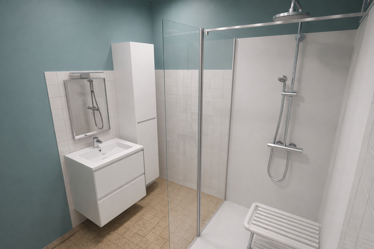 Projet 3, salle de bain PMR contemporaine bleu-vert