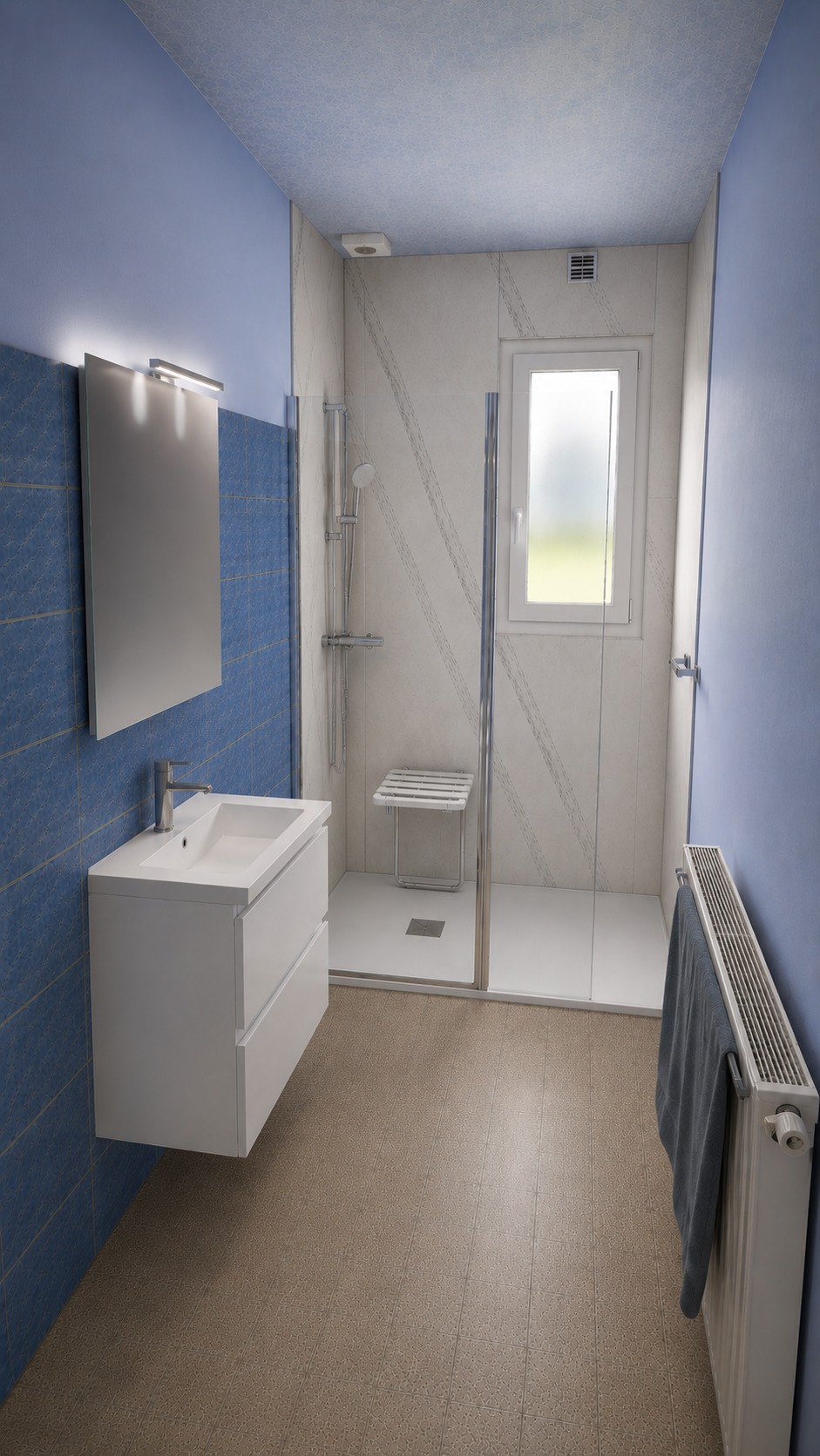 Projet 7, salle de bain étroite aux tons bleus